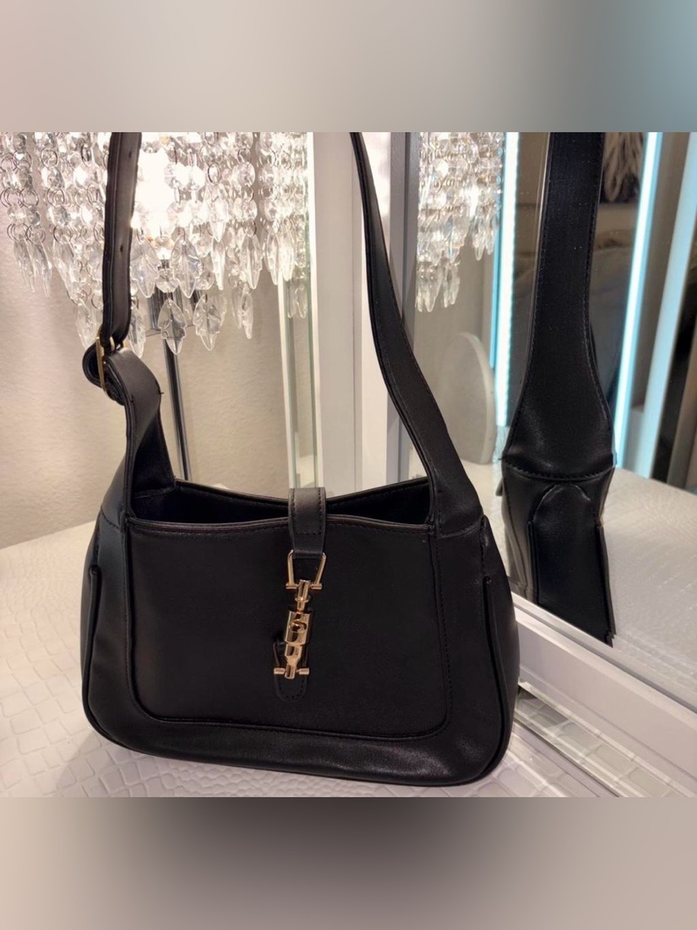 Black Faux Leather Shoulder Bag with Gold Hardware